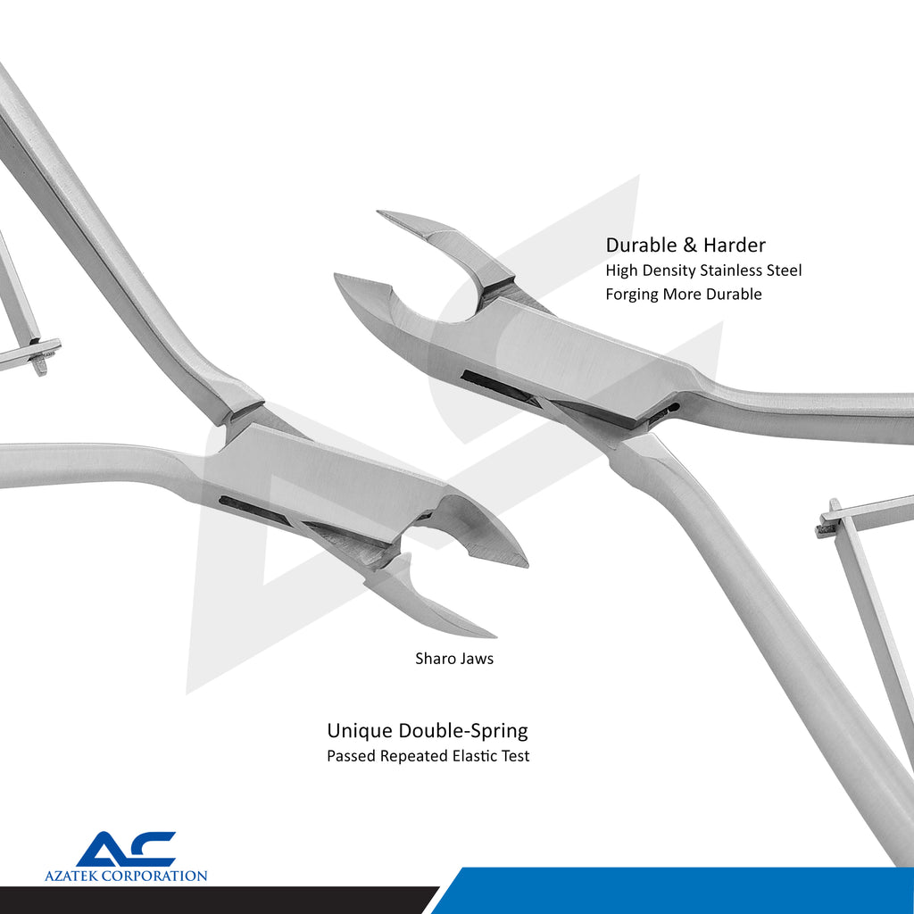 Close-up of precision moon shape cutting blades on Azatek stainless steel toe nail nippers