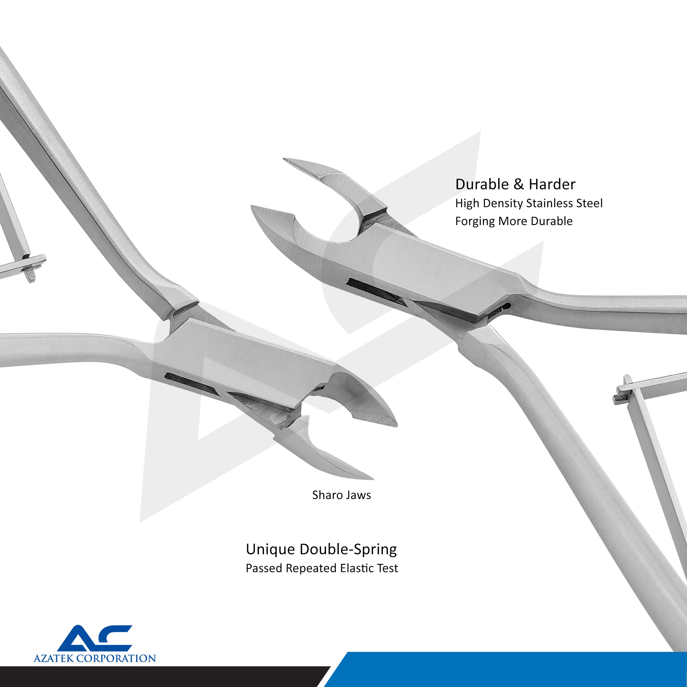 Close-up of precision moon shape cutting blades on Azatek stainless steel toe nail nippers