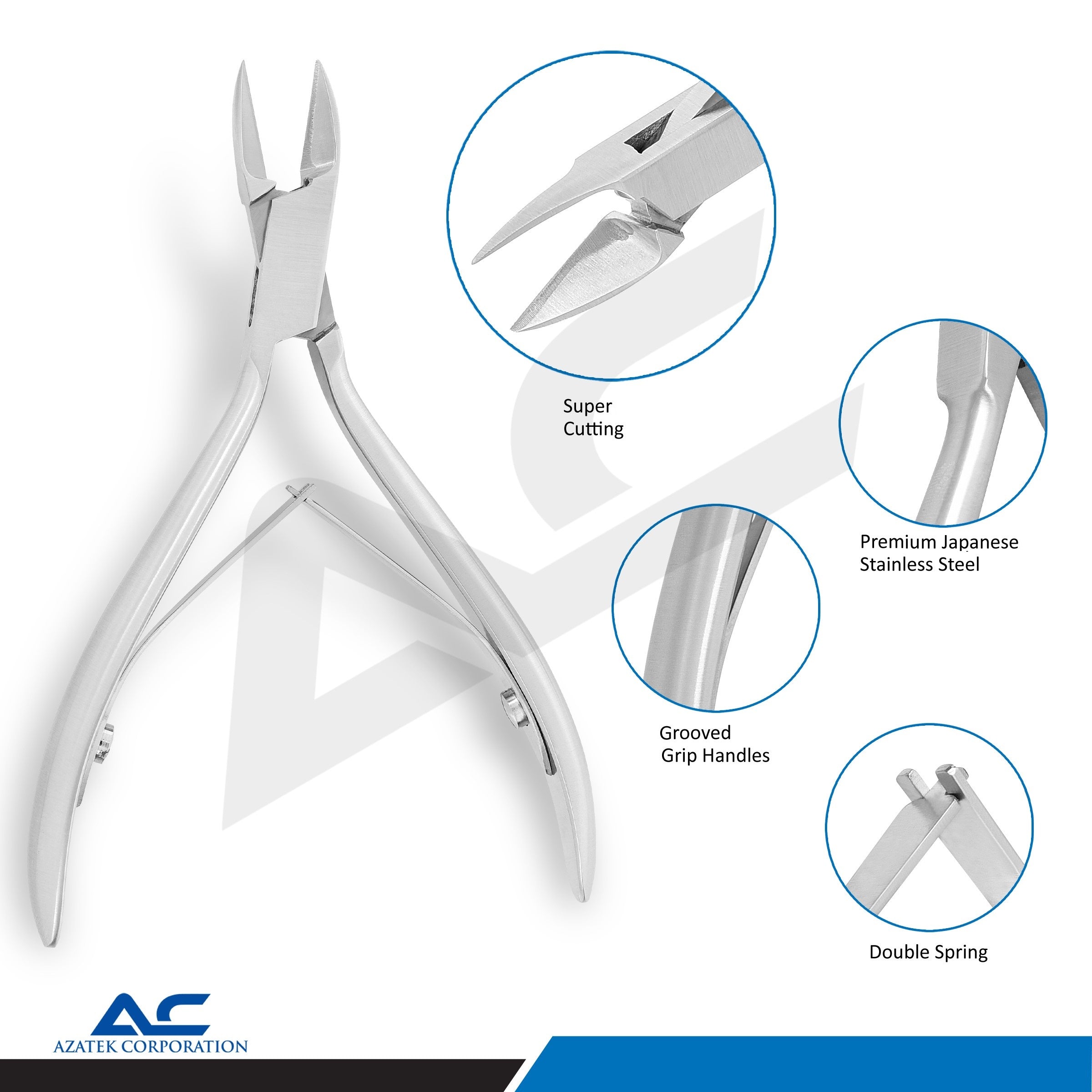 Front view of Azatek professional nail corner cutter with precision straight blades