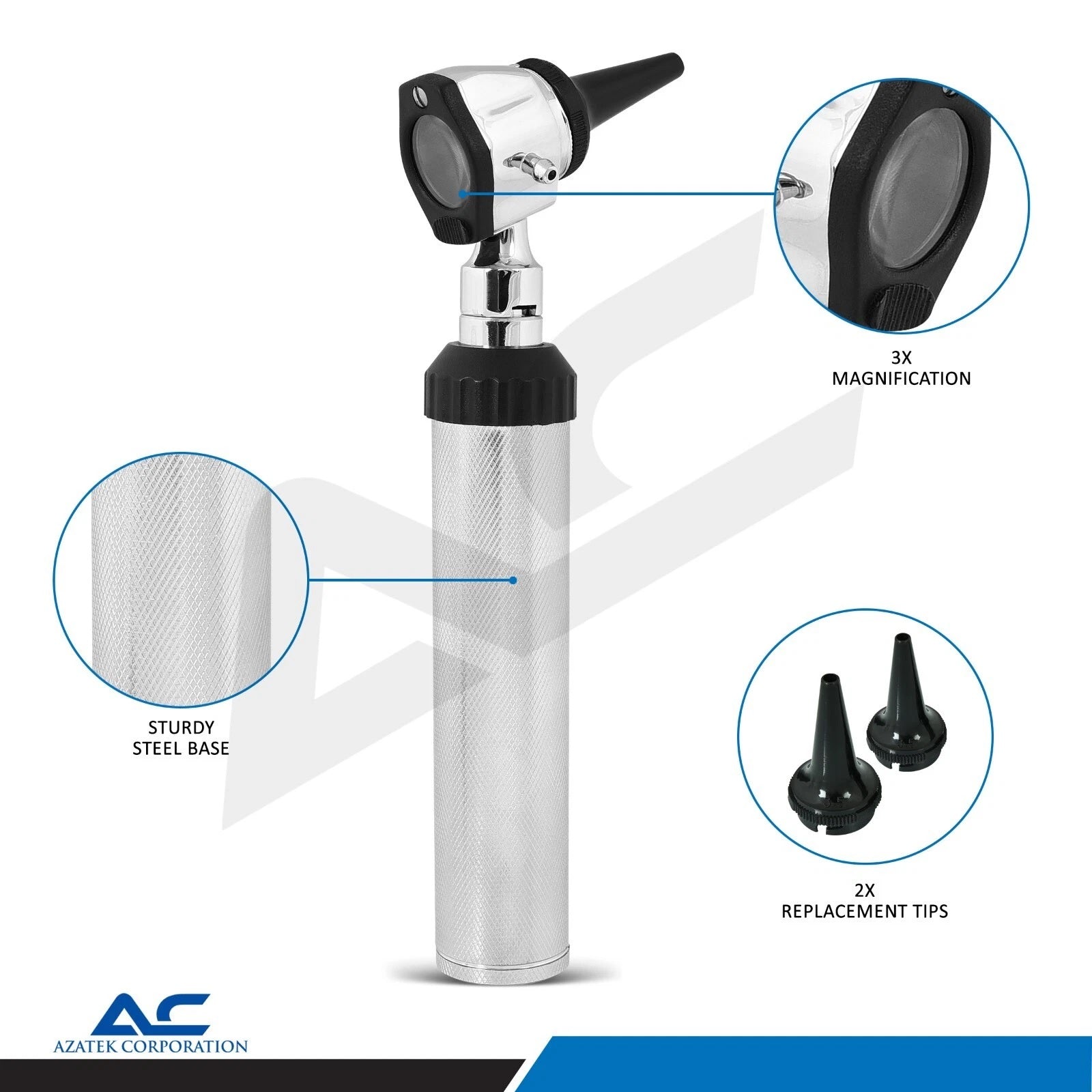 Azatek Professional Ear Otoscope Diagnostic Kit with 3X magnification and aluminium handle.