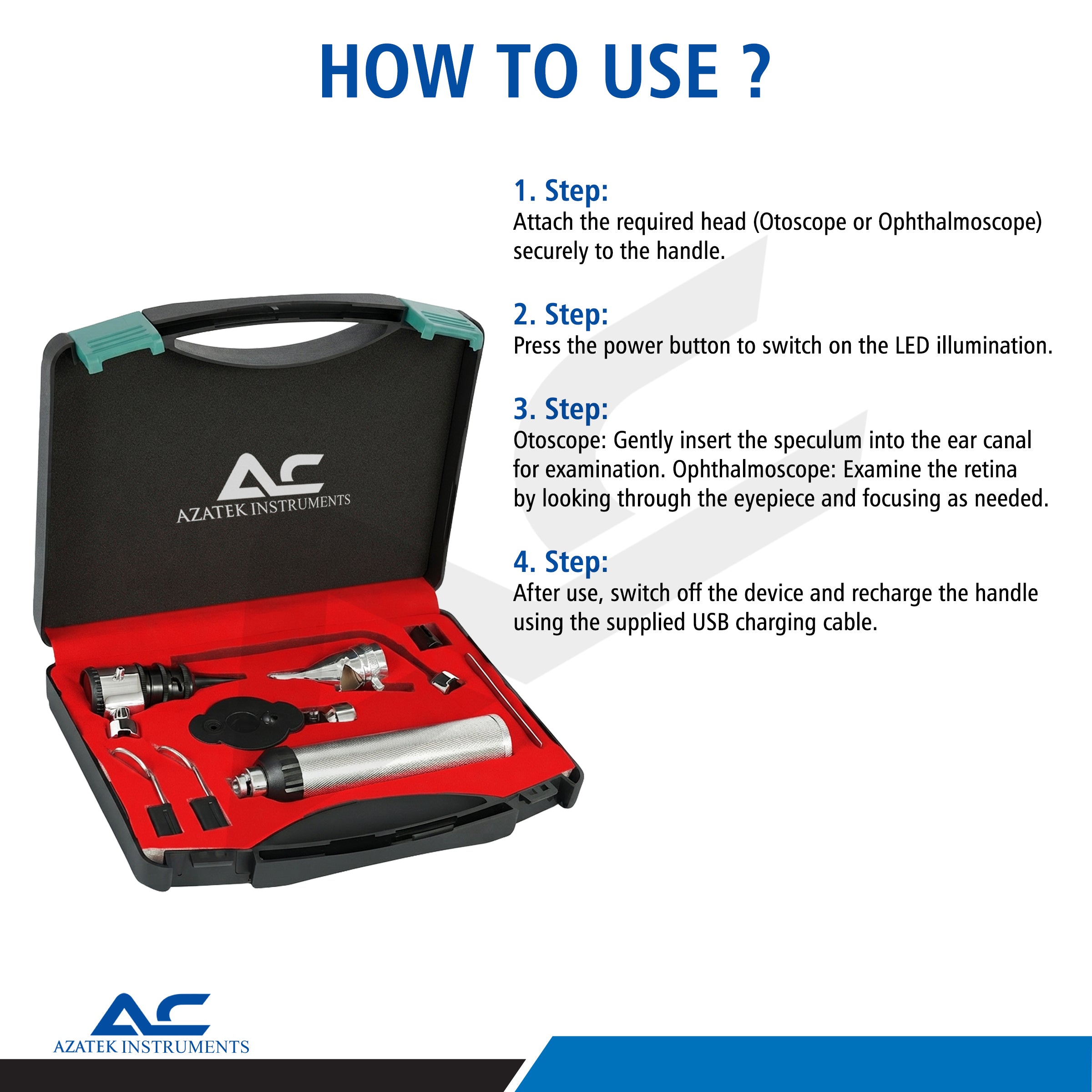 Azatek ENT Diagnostic Otoscope & Ophthalmoscope Instrument Kit detail how to use