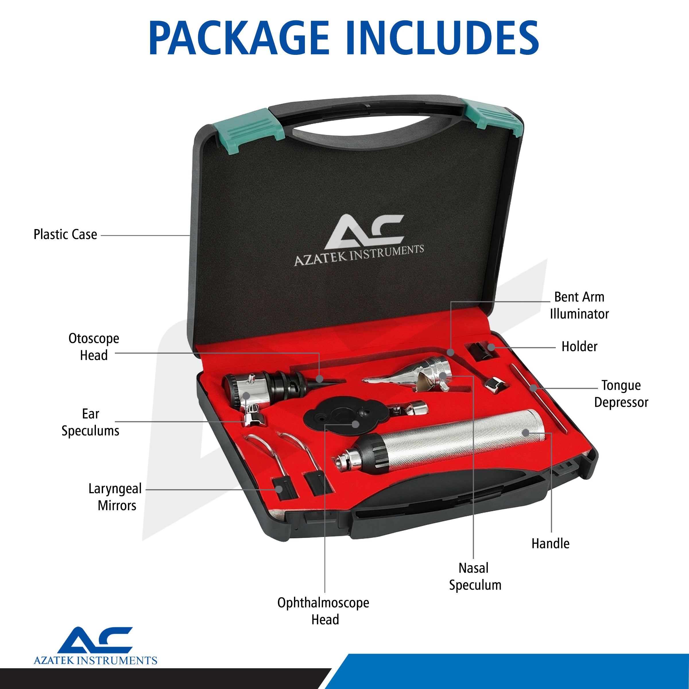 Azatek ENT Diagnostic Instrument Kit package detail otoscope, ophthalmoscope, ear speculums, nasal speculum, laryngeal mirrors and hard carry case.