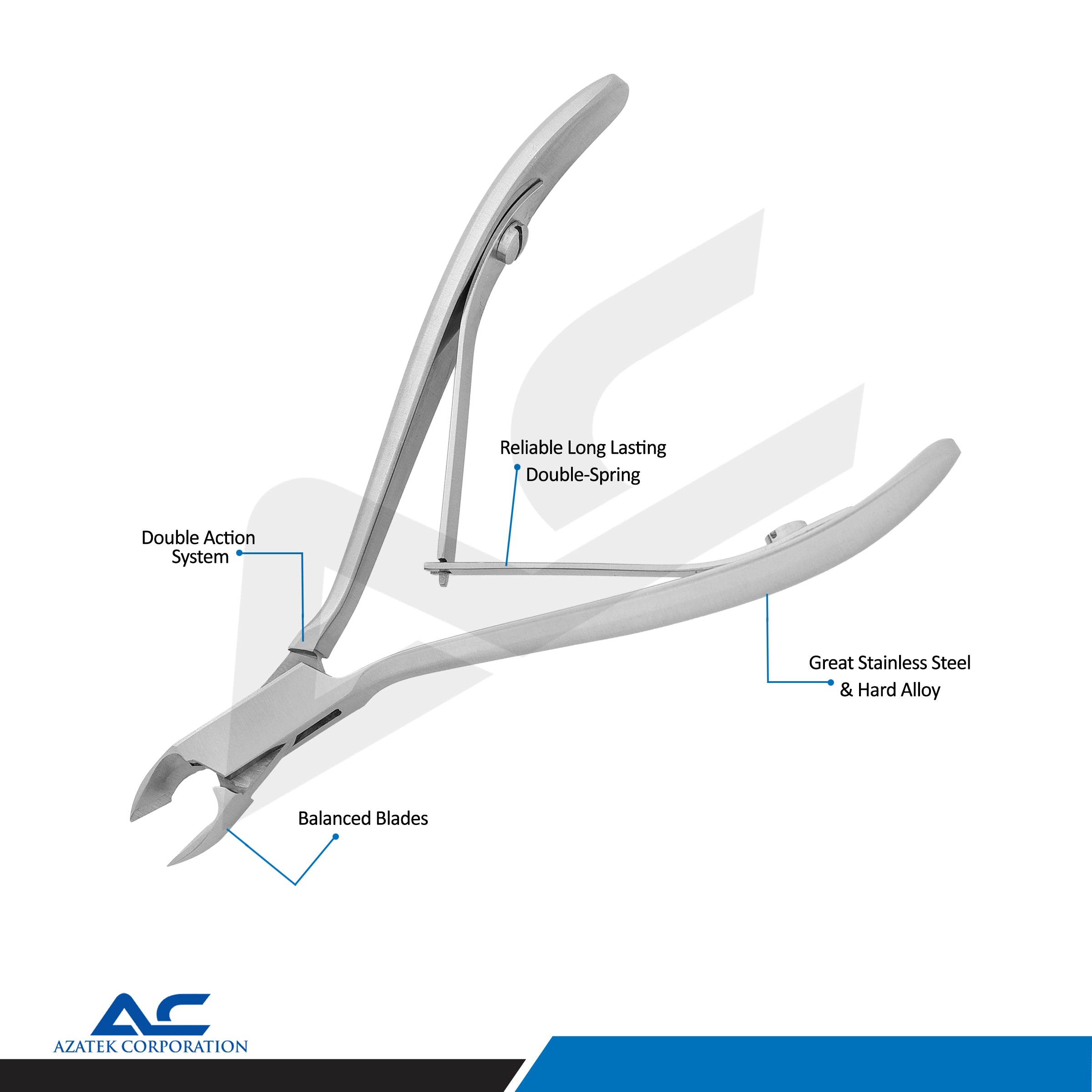Side profile of Azatek professional stainless steel toe nail nippers with ergonomic handles