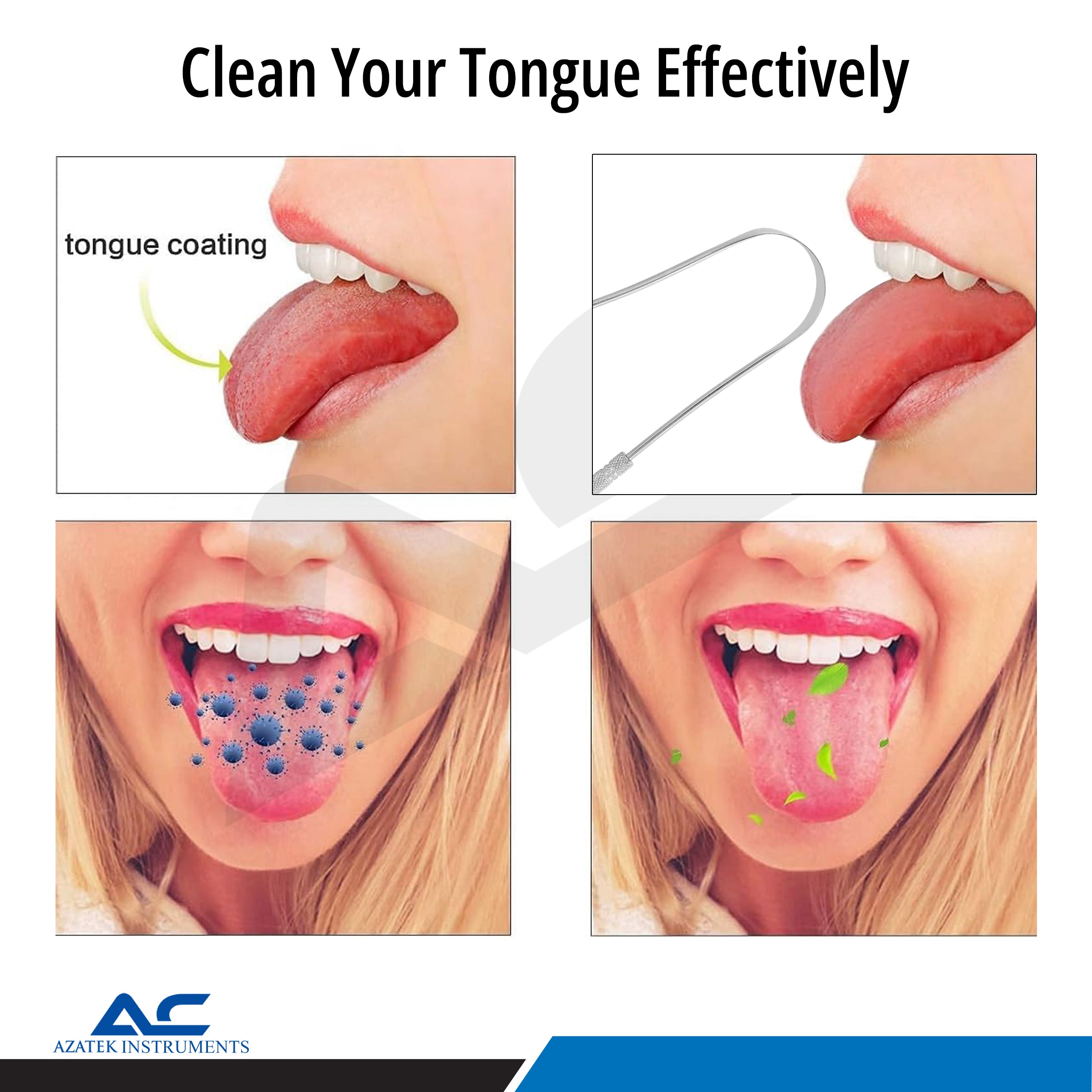 Reusable medical-grade stainless steel tongue scraper cleaner for fresher breath and improved oral hygiene.