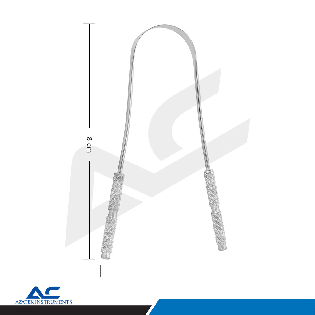 Azatek Advanced Stainless Steel Tongue Scraper Cleaner with approximate dimensions for product reference.