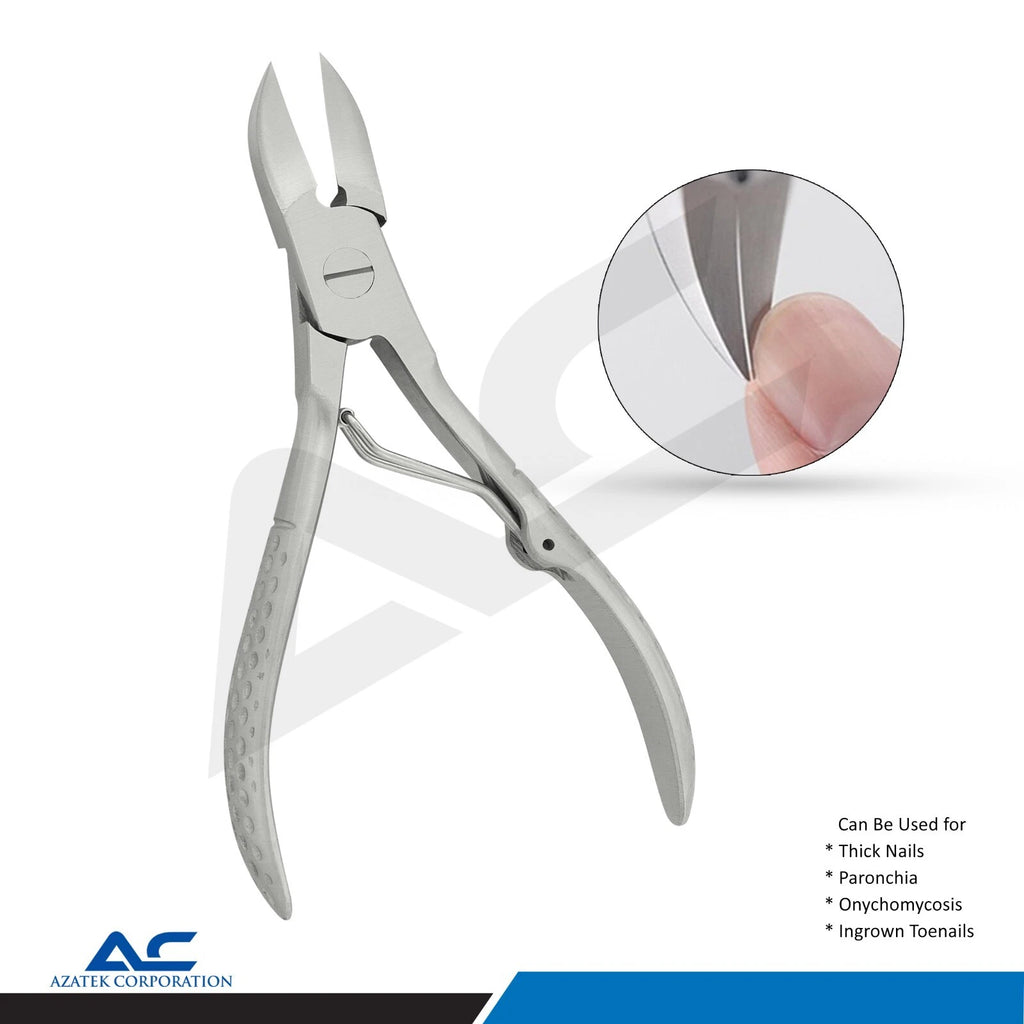 Close-up of the textured stainless steel handles and polished finish on the Azatek nail grooming instruments.