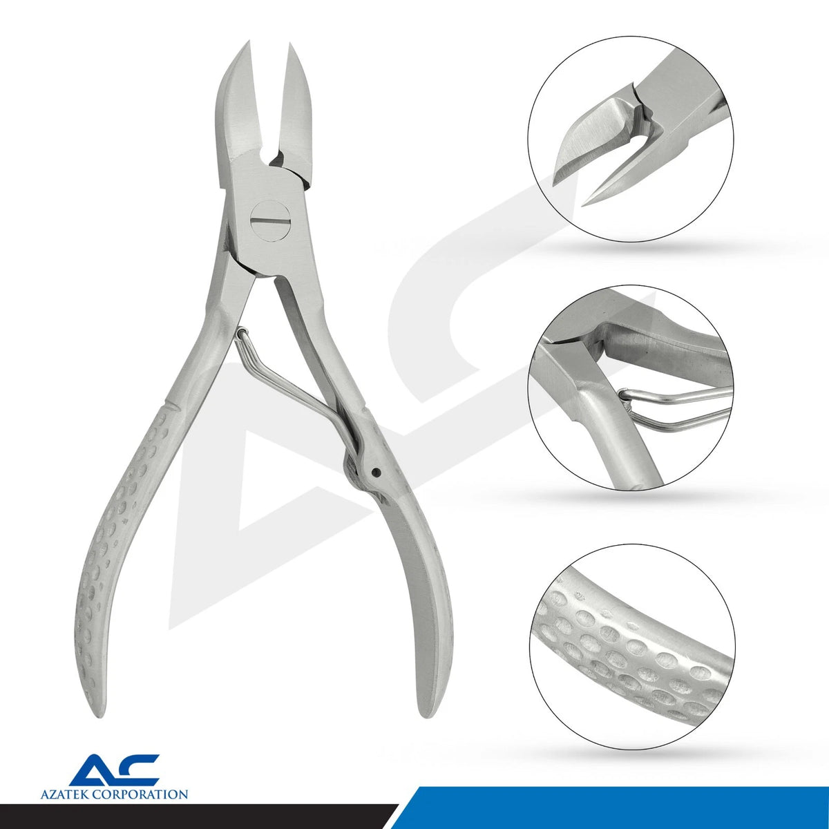 Close-up of the textured stainless steel handles and polished finish on the Azatek nail grooming instruments.