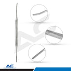 Close-up of the textured stainless steel handles and polished finish on the Azatek nail grooming instruments.