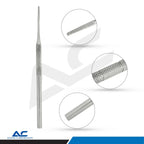 Close-up of the textured stainless steel handles and polished finish on the Azatek nail grooming instruments.