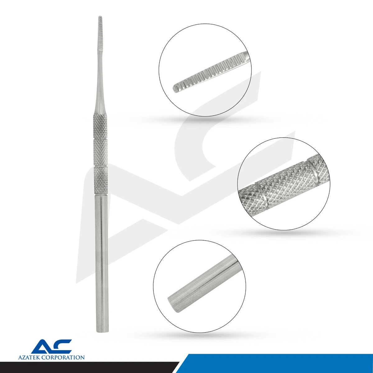 Close-up of the textured stainless steel handles and polished finish on the Azatek nail grooming instruments.