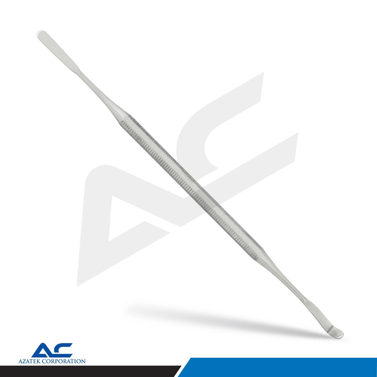 Close-up of the textured stainless steel handles and polished finish on the Azatek nail grooming instruments.