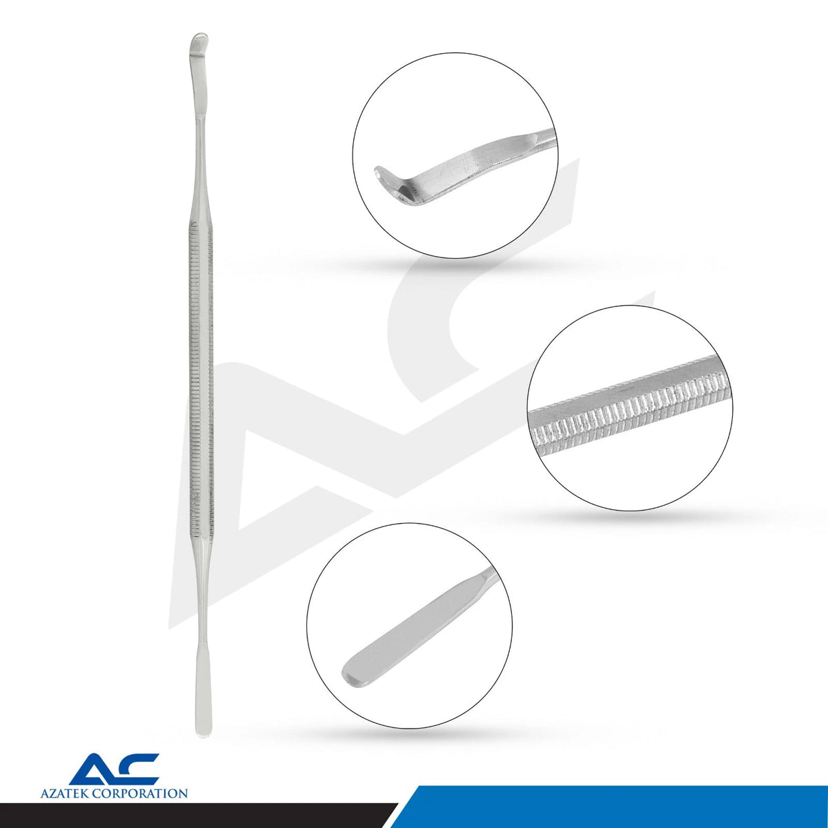 Close-up of the textured stainless steel handles and polished finish on the Azatek nail grooming instruments.