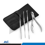 Azatek four-piece stainless steel toenail clipper and nail grooming set with black storage pouch.