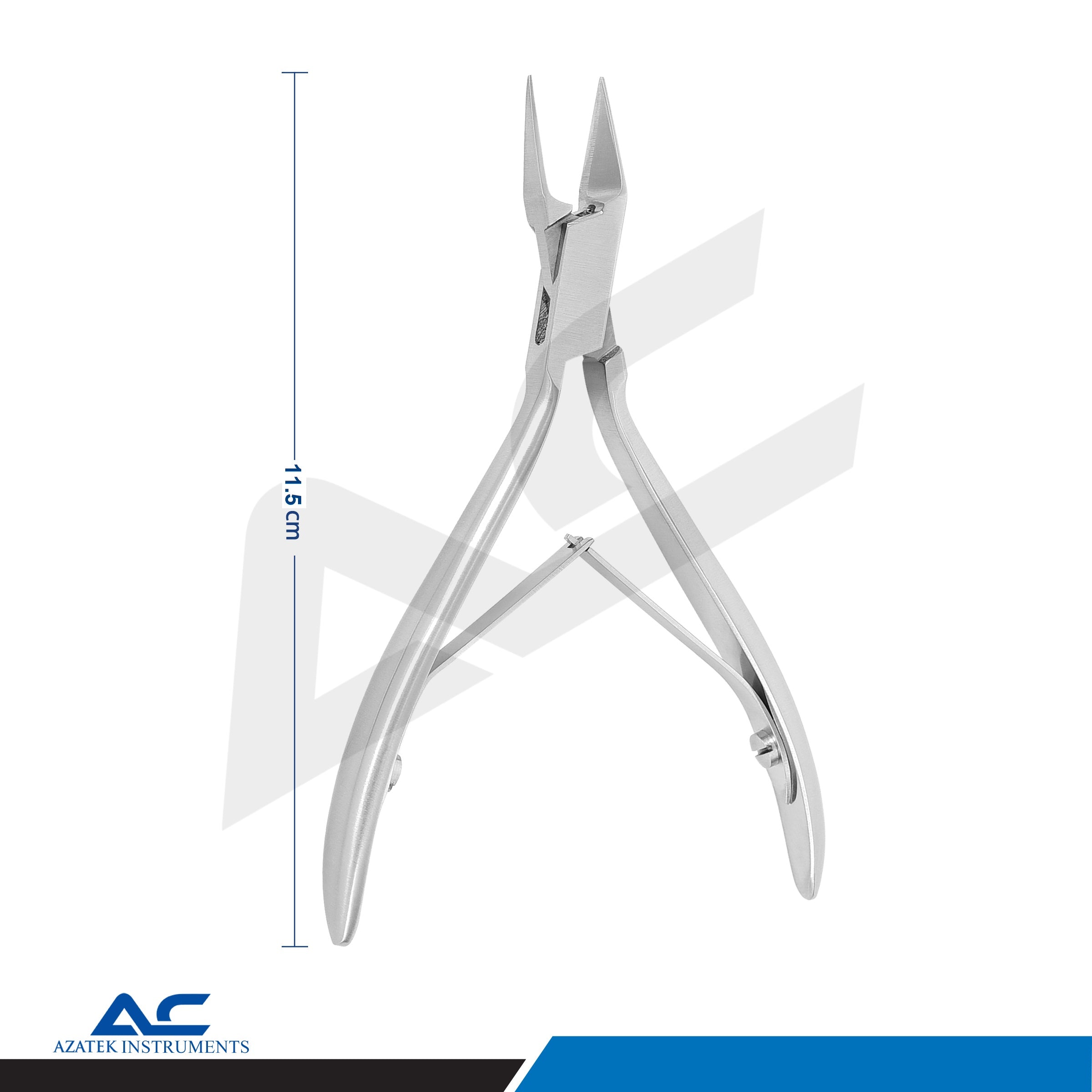 Azatek Professional Toe Nail Corner Pliers showing the overall 11.5cm length for professional podiatry use.