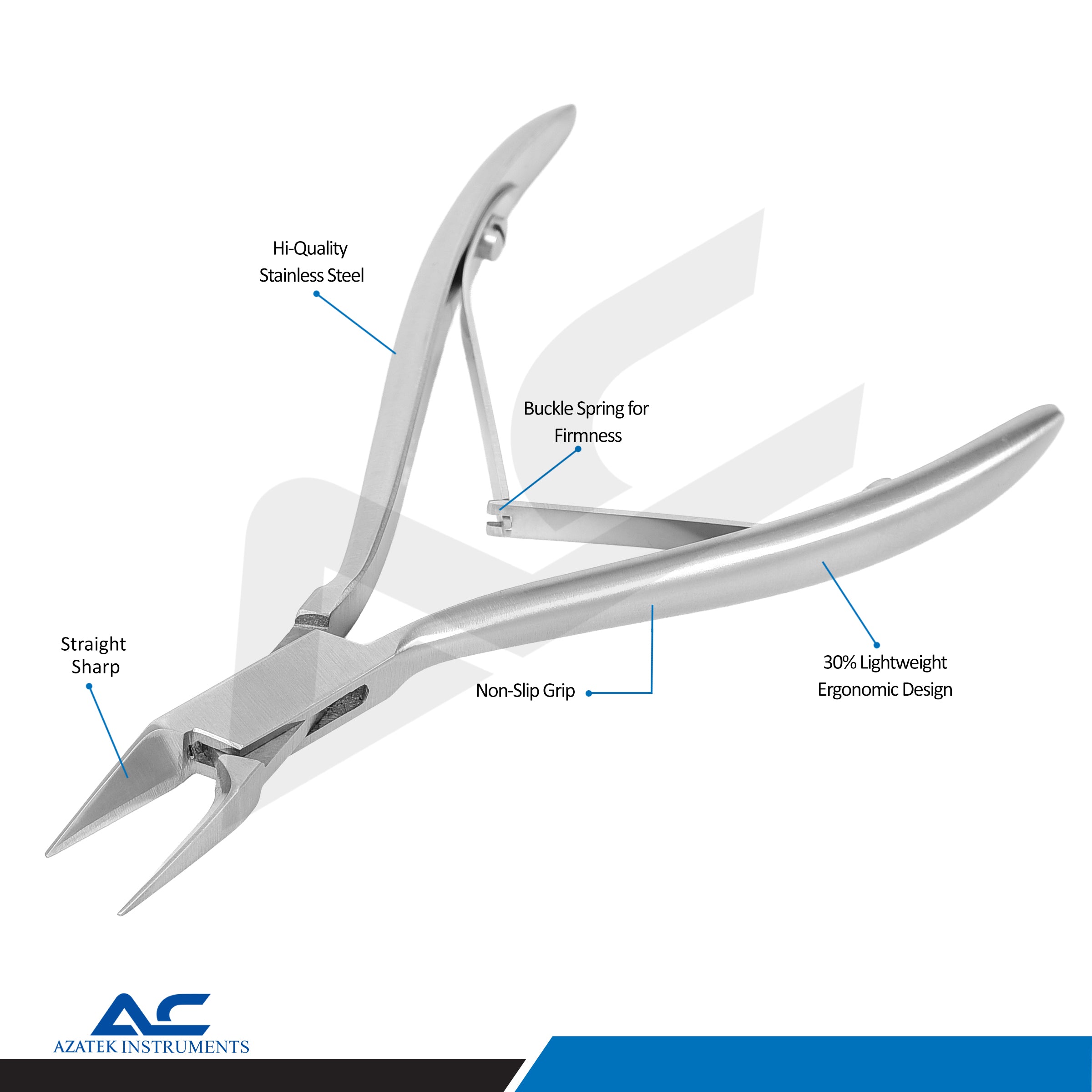 Ergonomic spring-action handle providing excellent grip and smooth cutting control during foot care procedures.