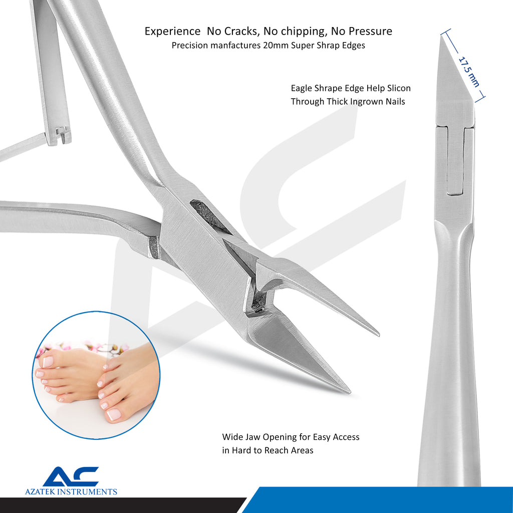 Side profile of professional toe nail corner pliers showing precision pointed cutting jaws.