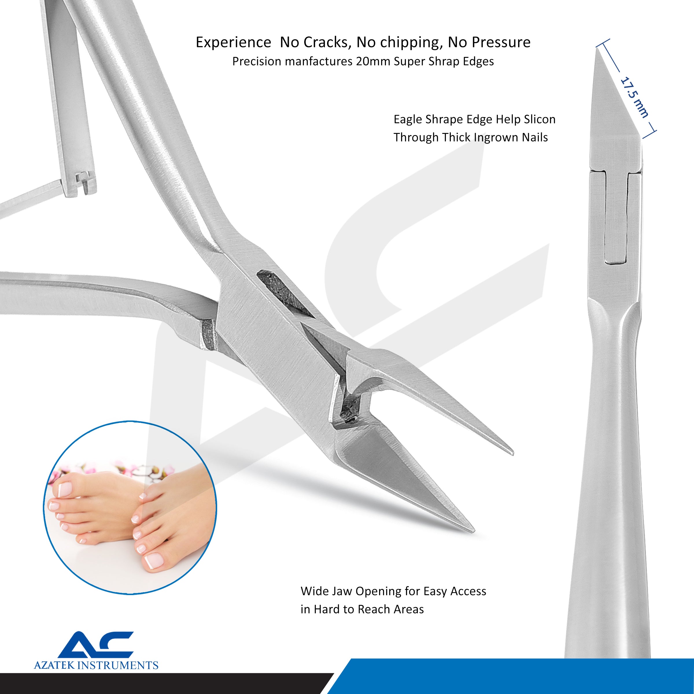 Side profile of professional toe nail corner pliers showing precision pointed cutting jaws.
