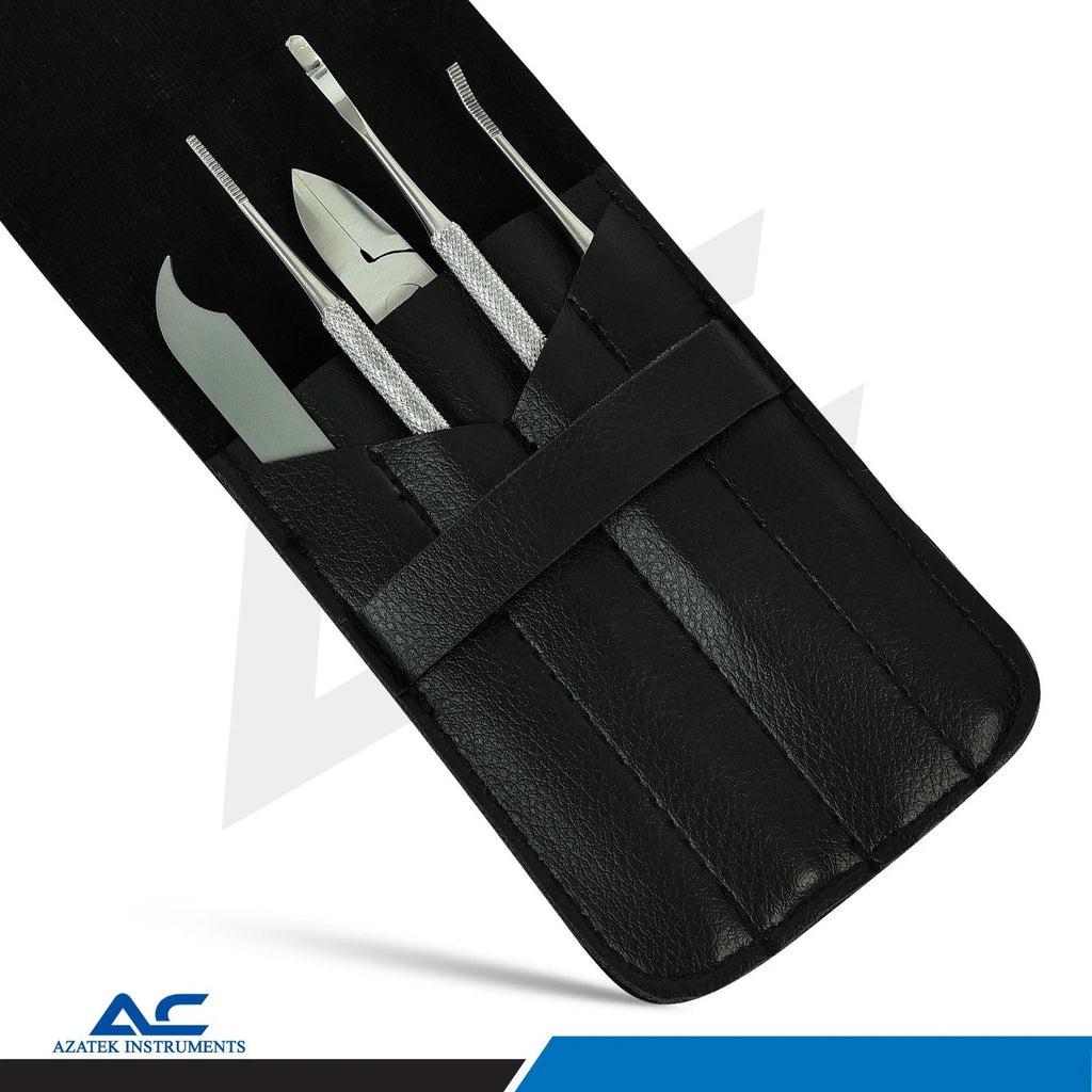 Azatek Professional Toenail Care Kit stored inside premium black protective pouch with five stainless steel foot care instruments.
