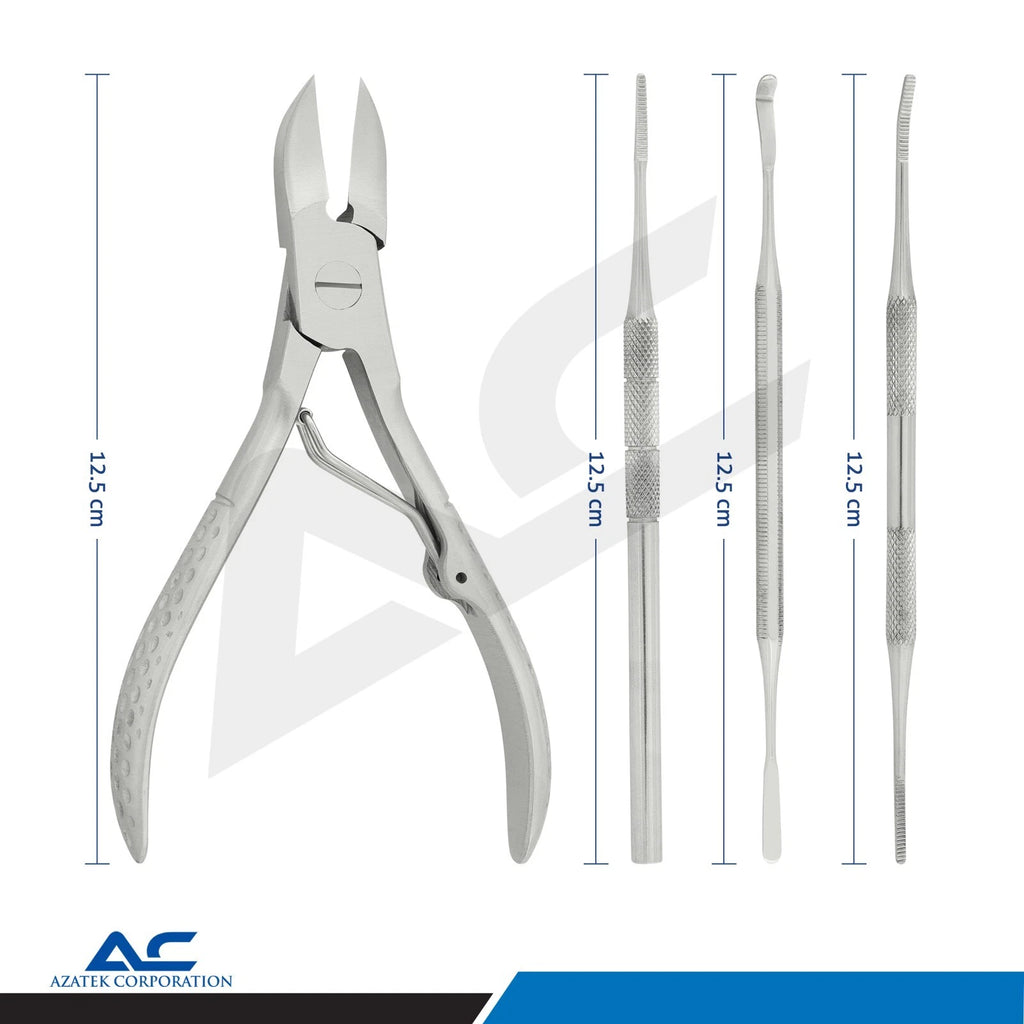 Length reference image showing the approximately 12.5cm toenail clipper and three stainless steel grooming instruments.