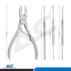 Length reference image showing the approximately 12.5cm toenail clipper and three stainless steel grooming instruments.