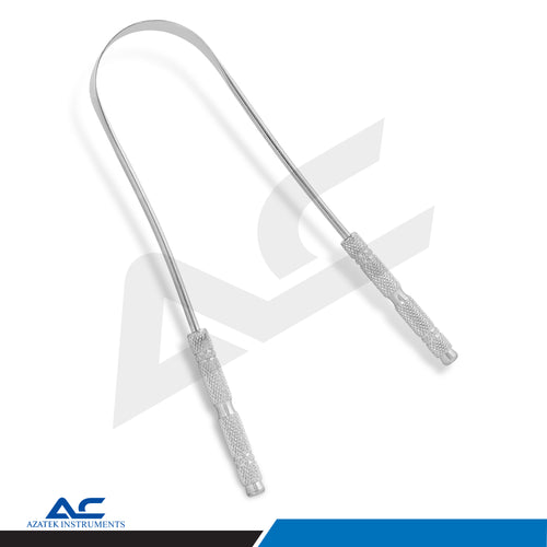 Front view of Azatek stainless steel tongue scraper cleaner showing flexible U-shaped design.