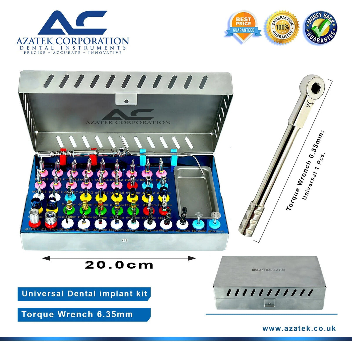 Azatek Universal Dental Implant Kit 50 pieces with dental implant instruments and storage box