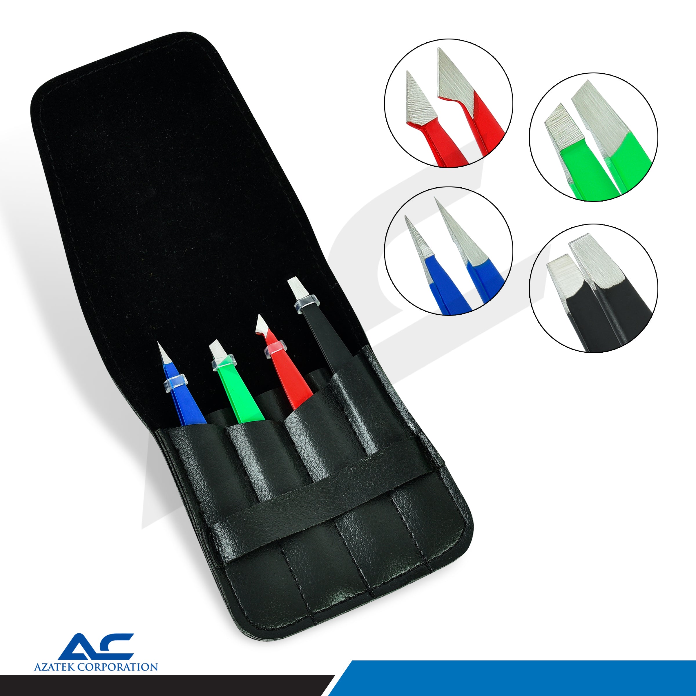 A black leather multi-tool set case holding four precision tweezers with colored handles (blue, green, red, and black), shown on a white background with four circular detail insets of the tool tips and an Azatek Corporation logo at the bottom.