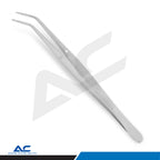 A pair of long, curved stainless steel precision tweezers with a textured grip handle, shown diagonally on a white background and an Azatek Instruments brand logo in the bottom left corner.
