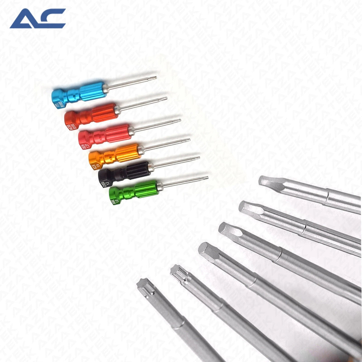 Stainless steel sterilisation holder containing six dental implant screw drivers