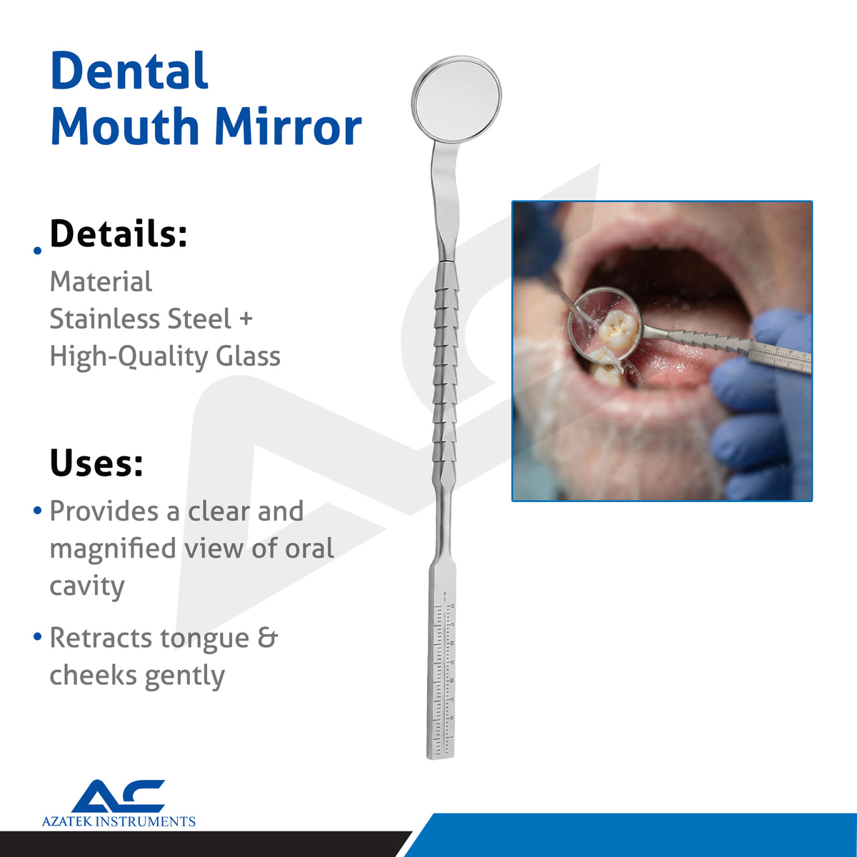 Close-up of the integrated measurement scale on the Azatek 14cm dental examination mirror