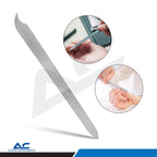 A silver metal nail file shown diagonally on a white background, with two circular inset photos demonstrating hands using the file. 