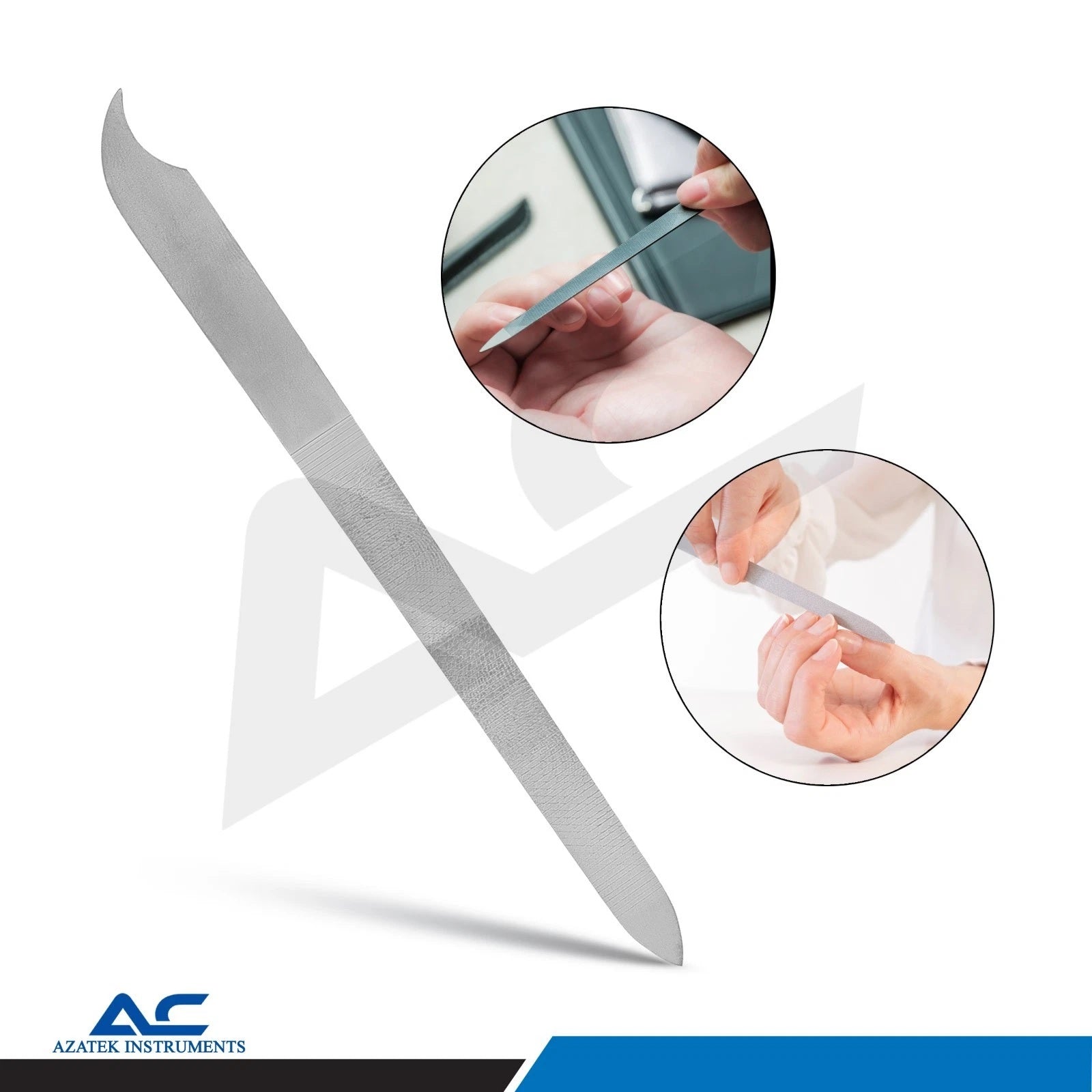 A silver metal nail file shown diagonally on a white background, with two circular inset photos demonstrating hands using the file. 