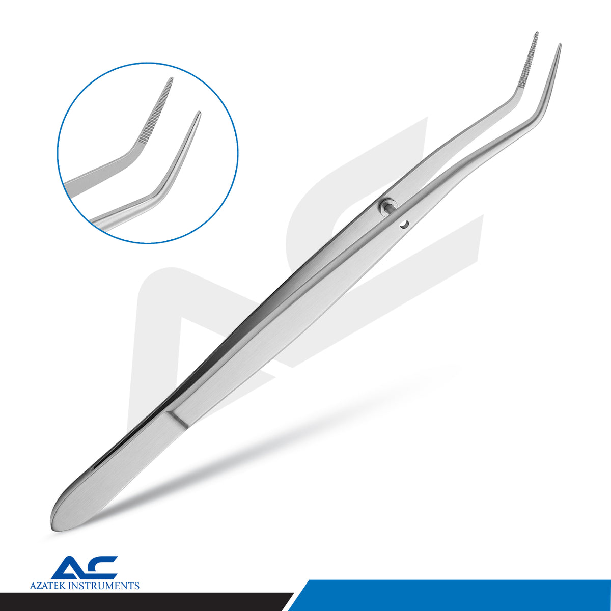 Angled working tip of 16cm Meriam Dental Tweezers designed for controlled dental material handling
