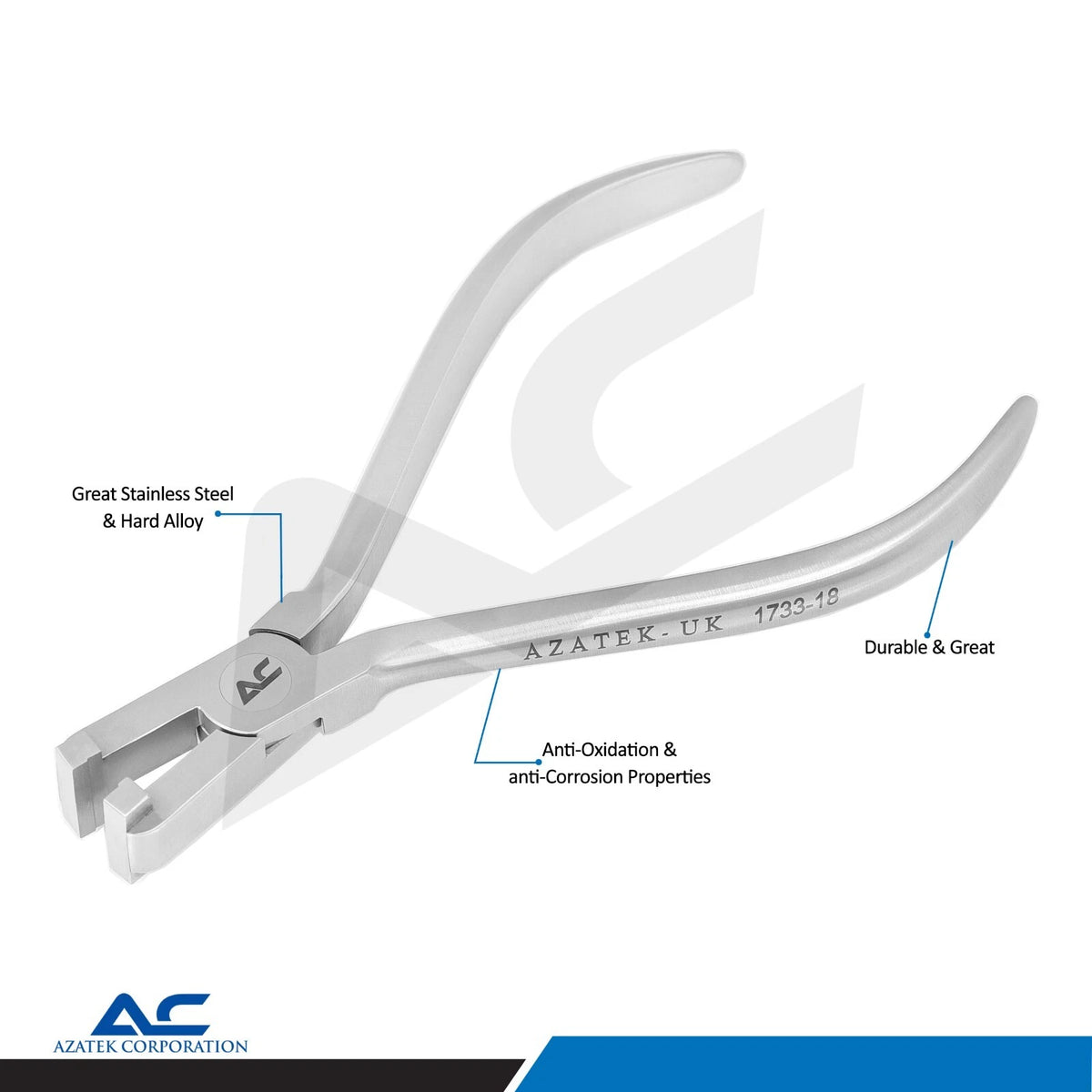 Stainless steel orthodontic step plier for archwire bending and detailing