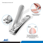A polished stainless steel nail clipper shown on a white background with three circular callout graphics: a close-up of the clipper head, a hand using the clipper, and a before-and-after nail tip comparison. Text highlights sharp curved blades and strong stainless steel cutting edges.