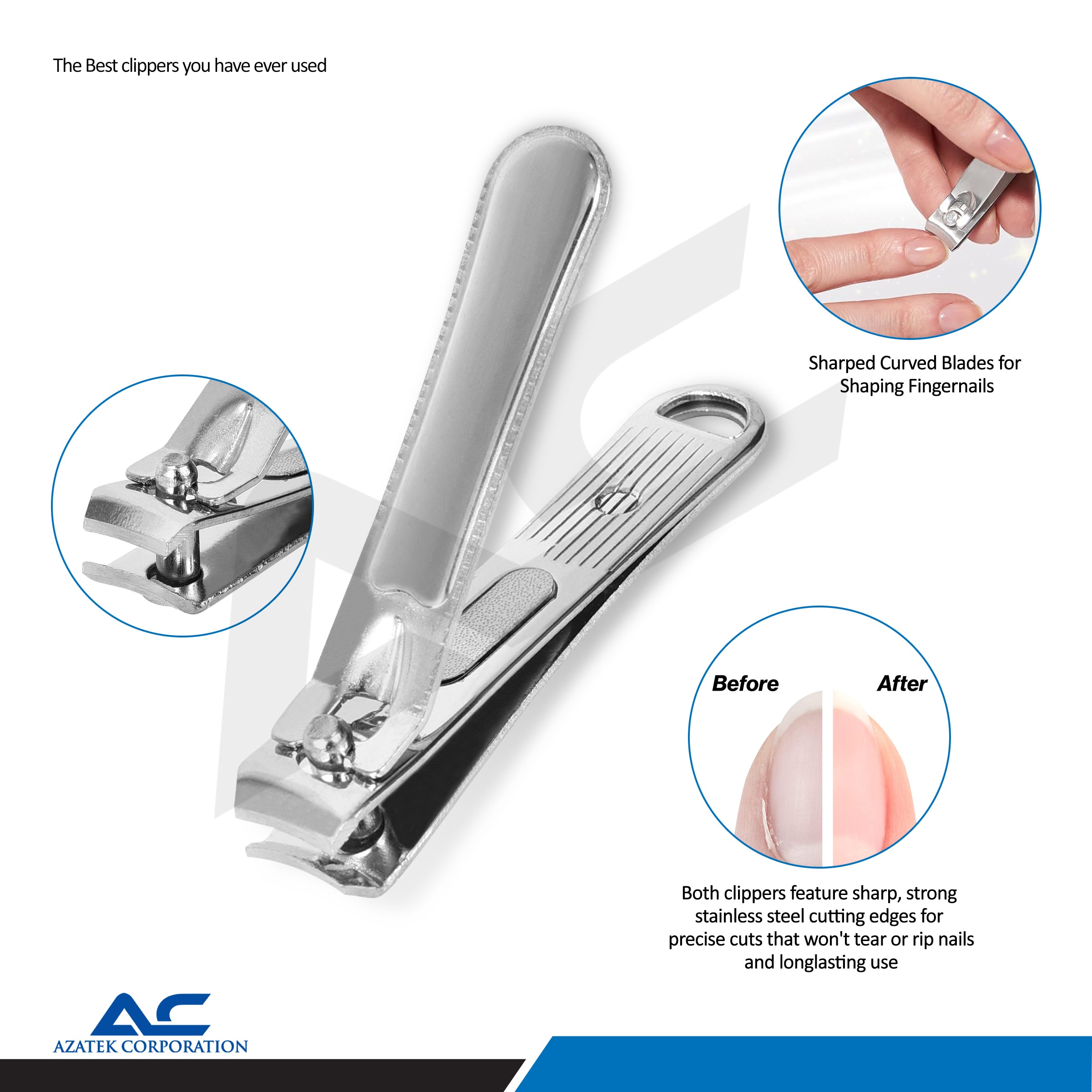 A polished stainless steel nail clipper shown on a white background with three circular callout graphics: a close-up of the clipper head, a hand using the clipper, and a before-and-after nail tip comparison. Text highlights sharp curved blades and strong stainless steel cutting edges.