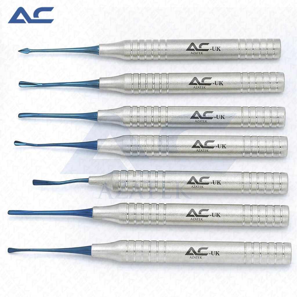 Professional 7 piece dental elevator instrument set with blue working tips
