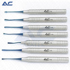 Professional 7 piece dental elevator instrument set with blue working tips

