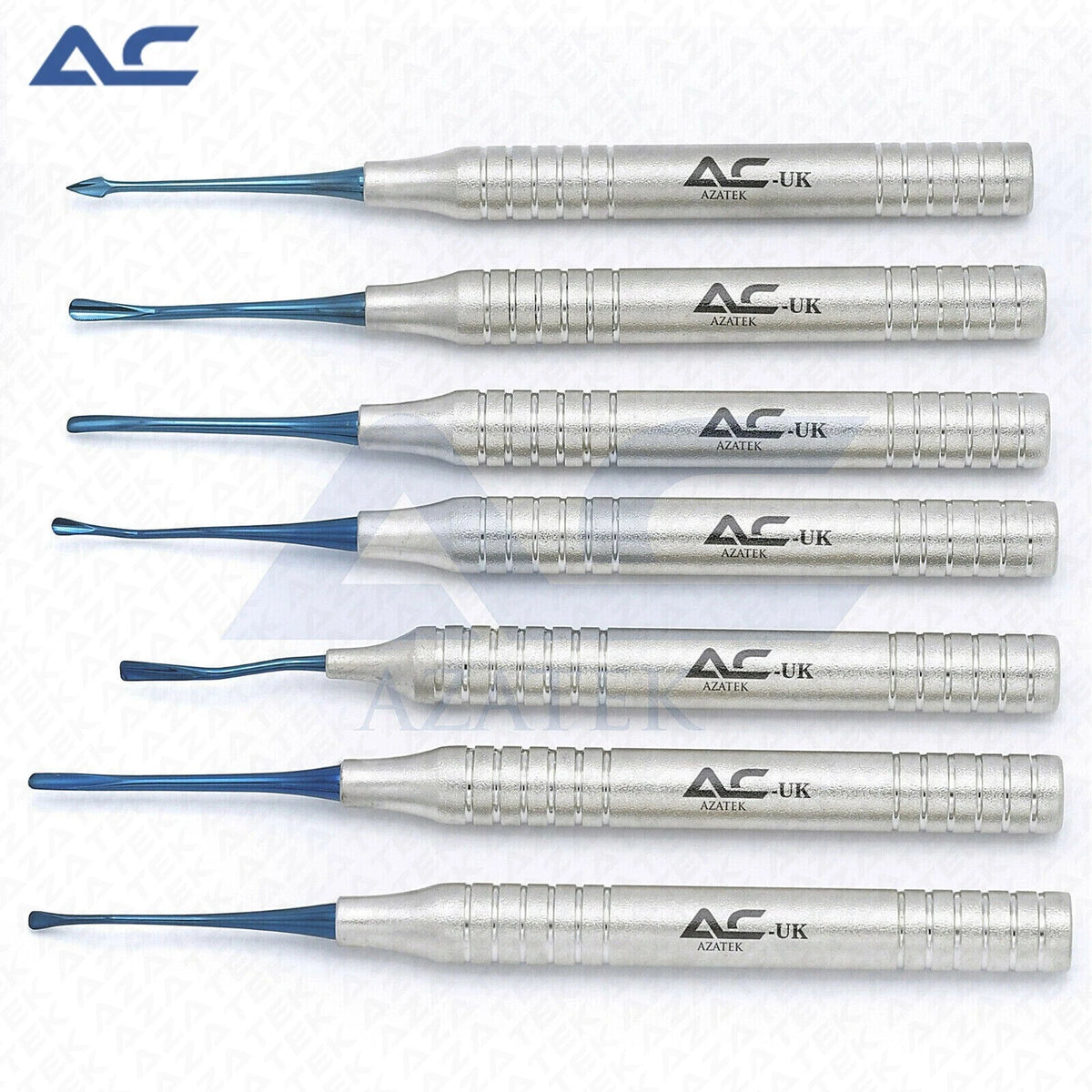 Professional 7 piece dental elevator instrument set with blue working tips
