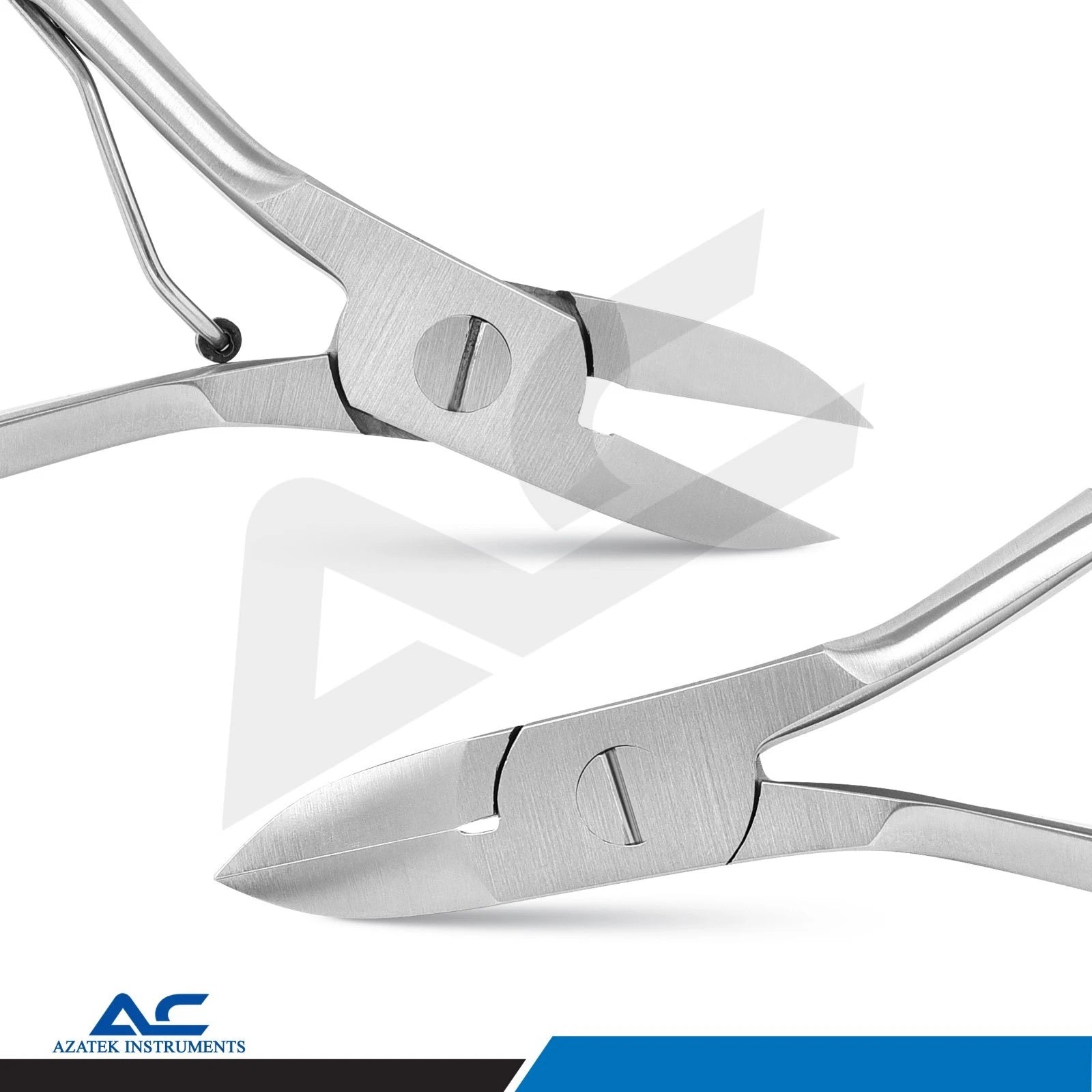 Close-up of Azatek stainless steel professional toenail nipper with double spring handle for thick and ingrown toenails.