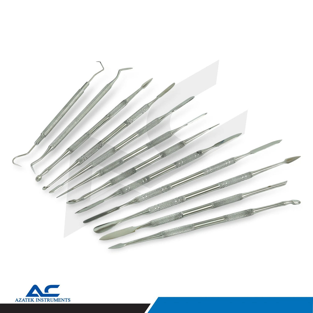 Professional Azatek stainless steel wax carving tools arranged with protective black storage case