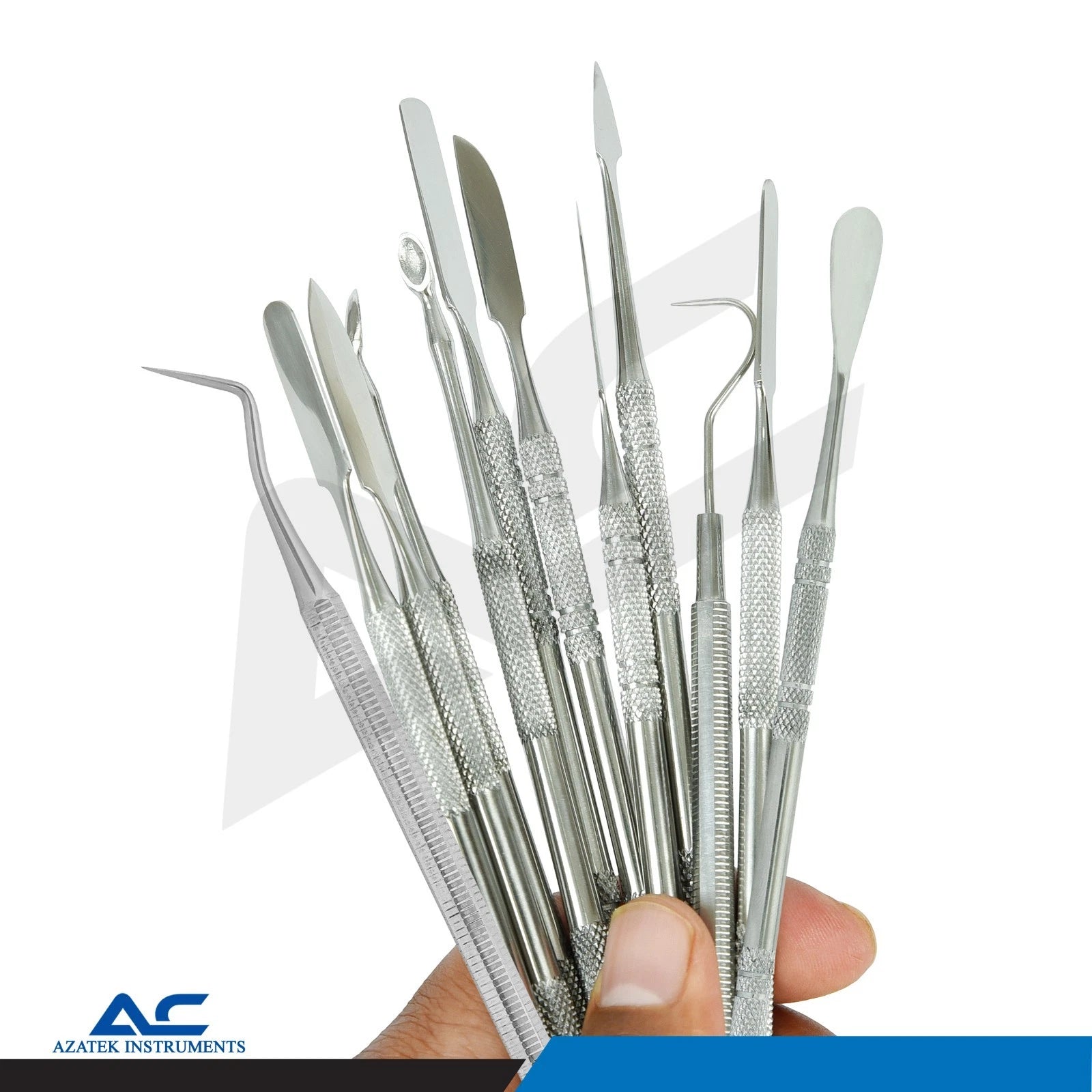 Professional Azatek stainless steel wax carving tools arranged with protective black storage case