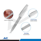 A silver metal nail file with a white ergonomic handle, shown on a white background with three circular callout insets highlighting features: suitability for various nails, a smooth handle, and a sharp blade. The Azatek Instruments Corporation logo is visible in the bottom left corner.