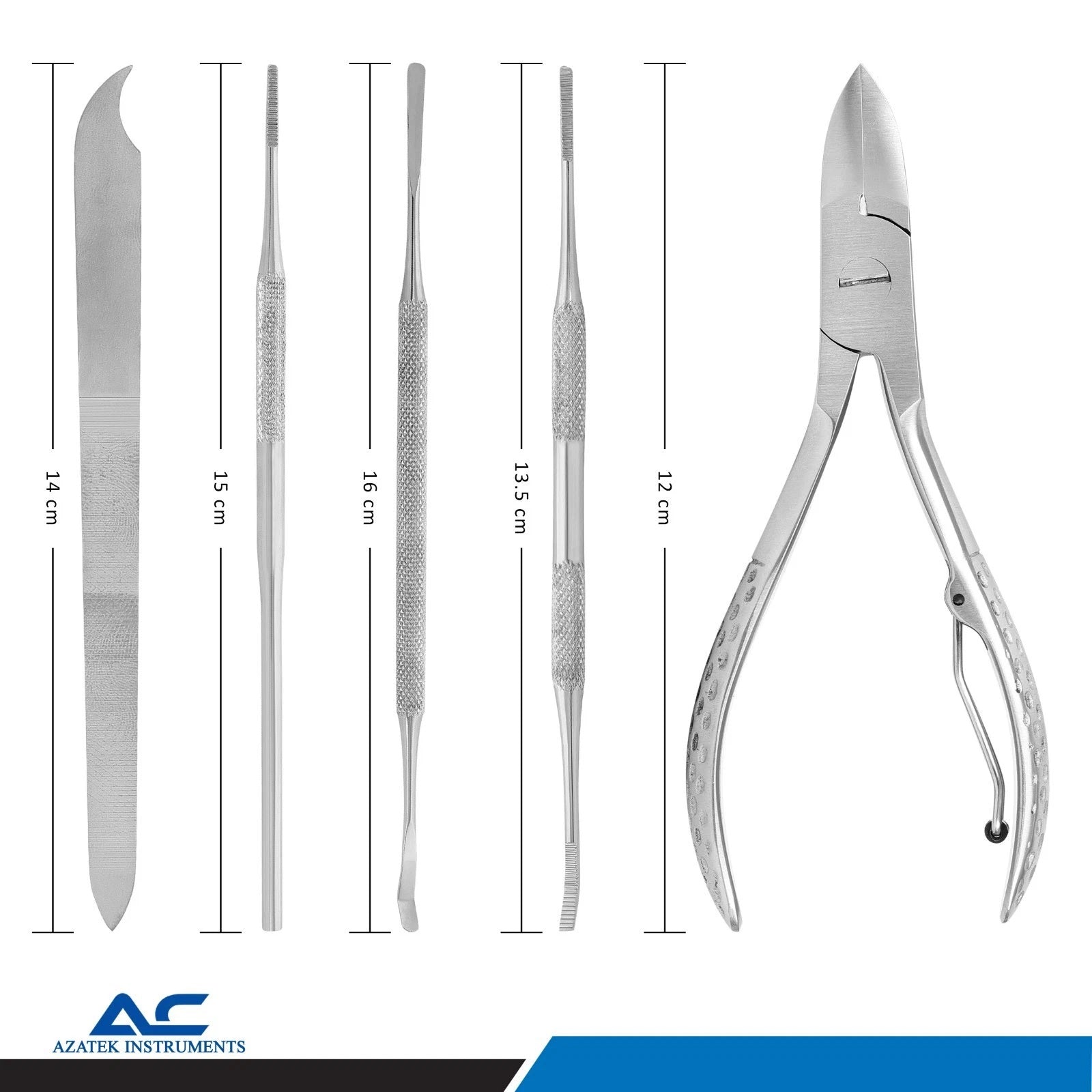 Medical-grade stainless steel ingrown toenail tools including nail cleaner, cuticle pusher and precision nail file.